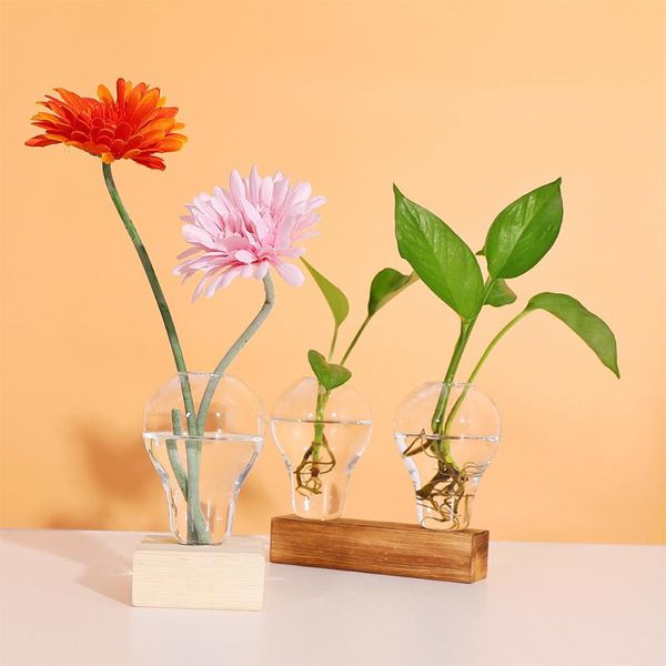 Vasi Terrario Pianta idroponica creativa Vaso da fiori vintage Vaso trasparente Vaso in legno Piante da tavolo Decorazioni per bonsai per la casa