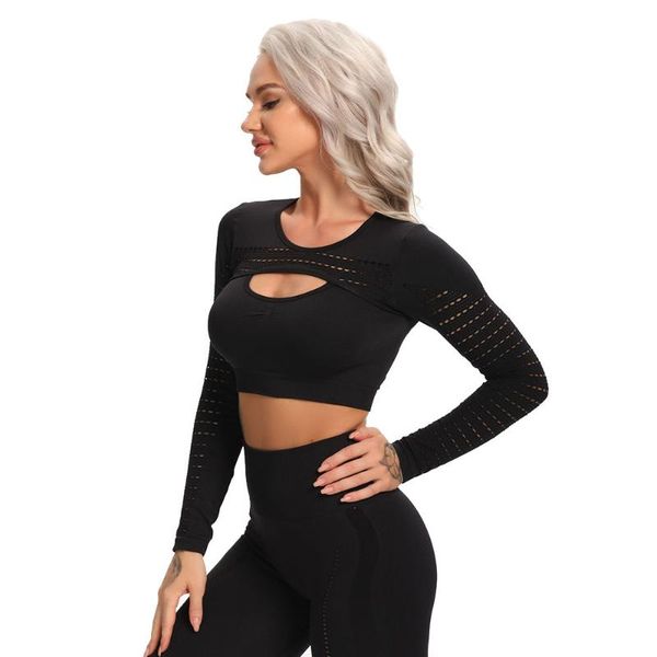 

yoga outfit women's t-shirts seamless crop long sleeve workout sportswear fitness sports athletic gym running clothing
