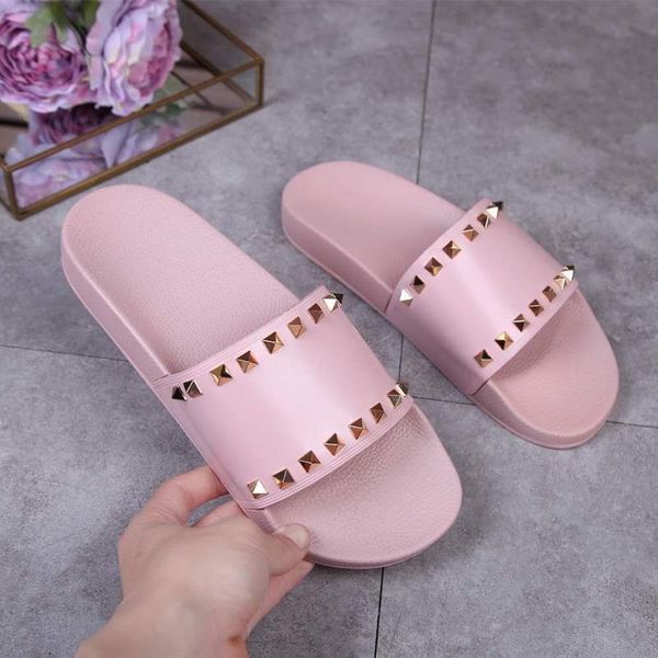 

slippers shoes women summer leisure genuine cow leather rivet metal decor zapatos de mujer, Black