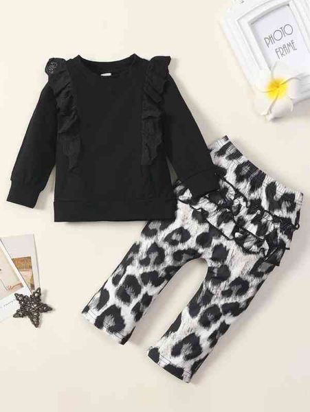 

baby eyelet embroidery ruffle trim pullover & leopard pants she, White
