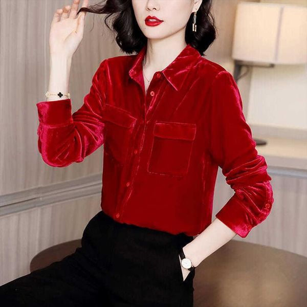 

gold velvet office slim women shirt autumn winter females fashion clothes, White