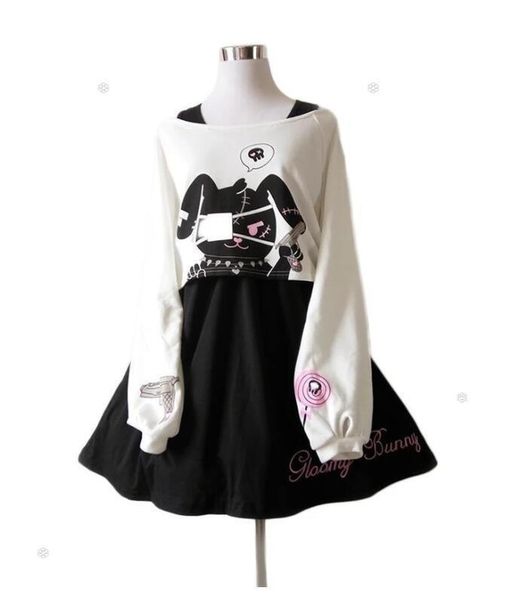 

kawaii black rabbit gloomy bunny womens dresses 2 pc set harajuku style, White