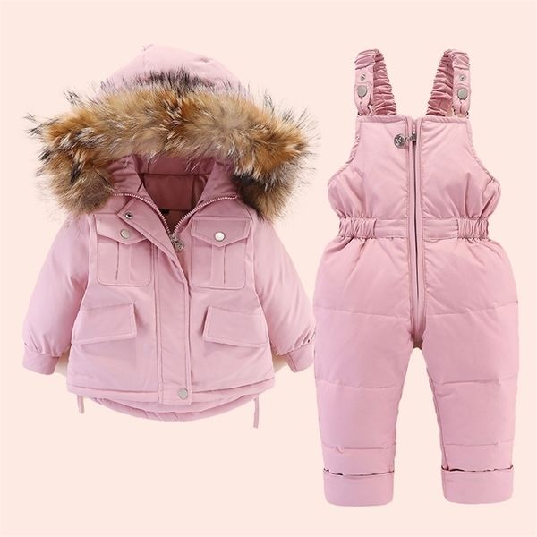 Inverno para baixo jaqueta para roupas de menina miúdos macacões snowsuit menino sobre casaco criança criança vestuário conjunto parka real pele 211203