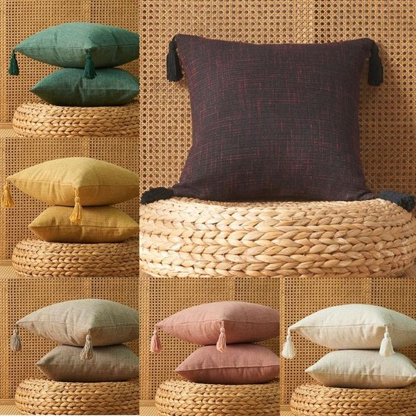 

pillow case solid color cotton linen tassel cushion cover handmade throw