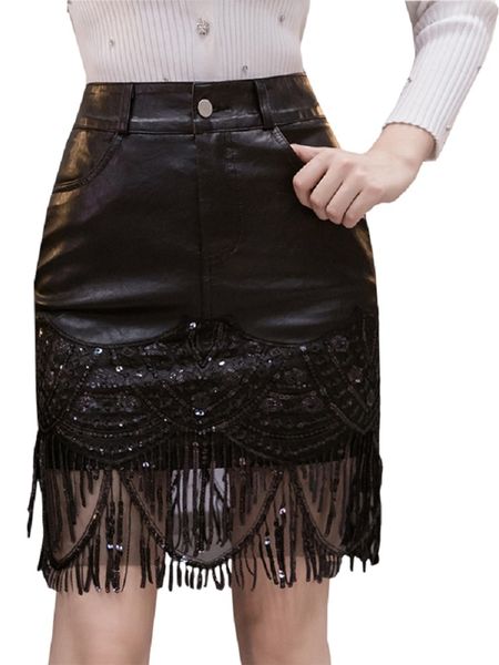 

skirts chicatwilll hiphop fashion ladies high waist sequins tassel spliced pu leather women, Black