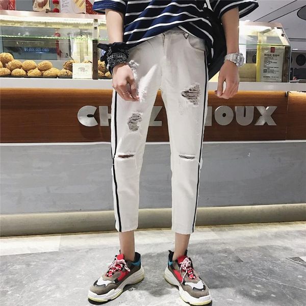 

men's pants hole jeans loose student trousers summer black white long