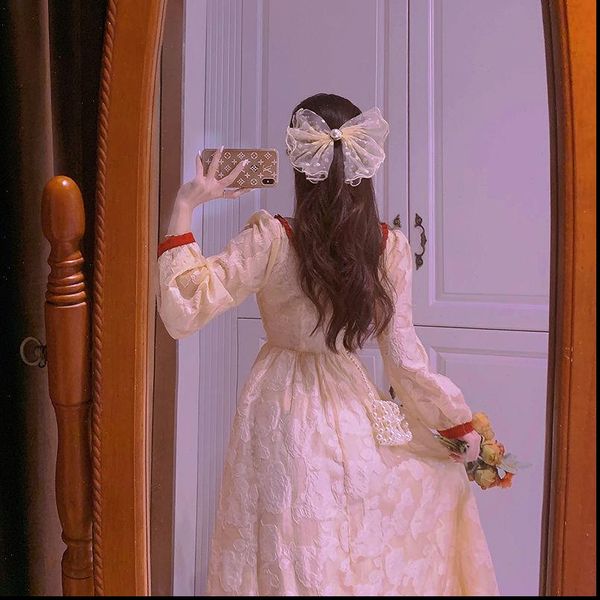 

sweet vintage elegant evening womens dress party button french fairy long sleeve one piece korean spring, Black;gray