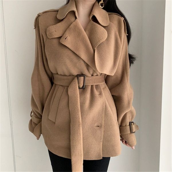 

wool oversight lace up short female winter jacket elegant buttons, Black