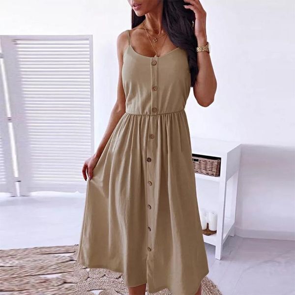 

casual dresses women spaghetti strap shirt dress 2021 summer elegant single-breasted office lady solid party sling midi, Black;gray