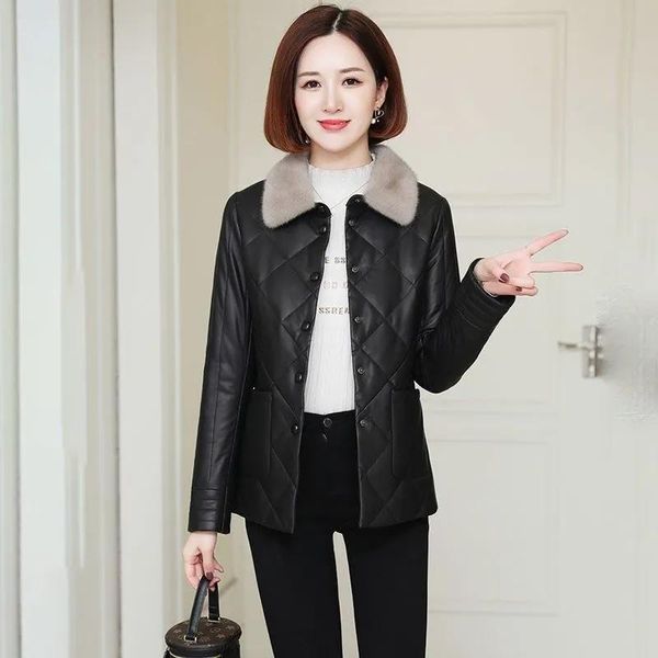 

women's leather & faux 2021 women korean loose short slim plus cotton thicker fur collar thinner coat female pu jacket tide a710, Black