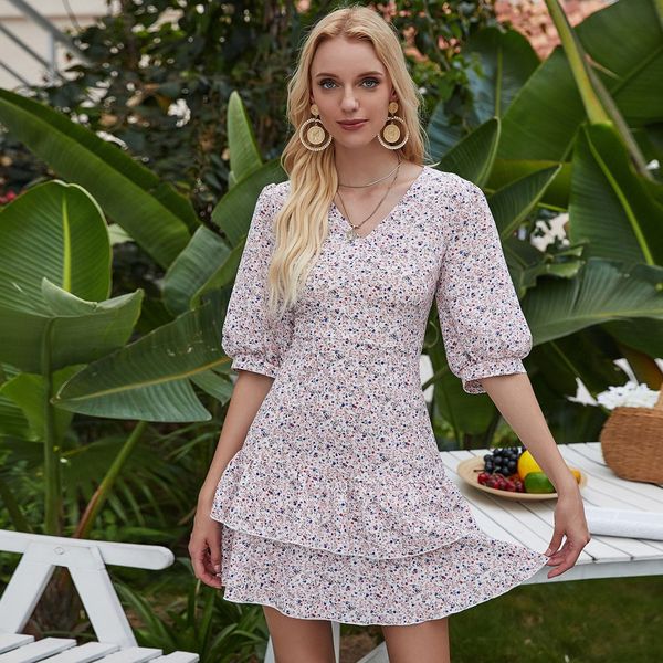 

spring and summer 2021 temperament commuting v-neck open back lace up fashion floral dress, Black;gray