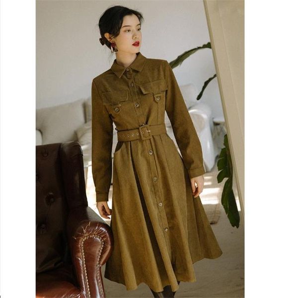 

casual dresses corduroy long sleeve red dress women 2021 autumn winter french vintage lapel high waist belted button a-line, Black;gray