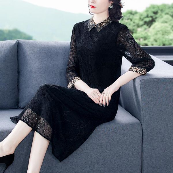 

plus size three quarter sleeve women dress spring embroidery dresses black 6232 casual, Black;gray