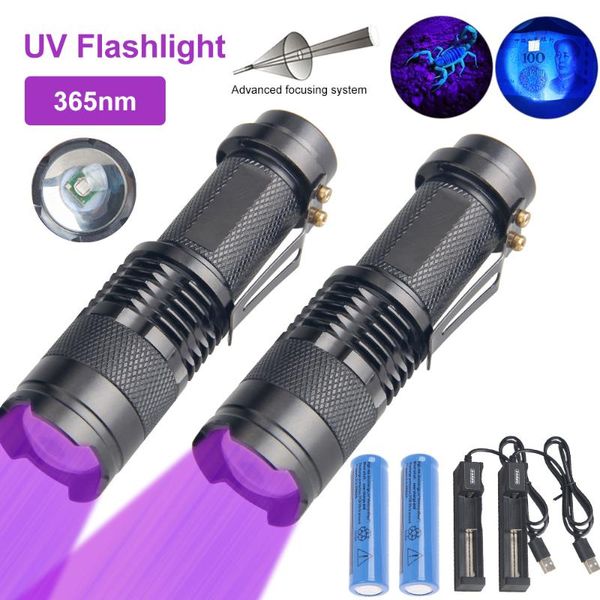 

mini ultra violet zoomable 395/365nm uv led blacklight inspection lantern pet urine detector gemstone+14500+charger flashlights t torches