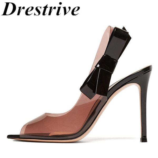 

drestrive customize women's sandals pvc peep toe thin heels butterfly knot 2021 summer fashion high heel shoes brown big size, Black