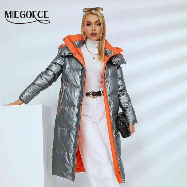 

miegofce winter collection coat women fashion jacket with hood knee length comfortable pockets tailoring parka d21008 211130, Black