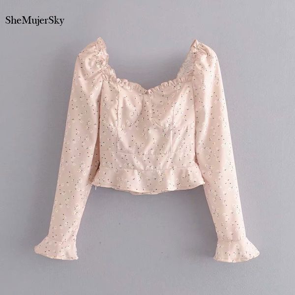 

women's blouses & shirts shemujersky women sweet pink blouse long sleeve square collar little floral print vpct, White
