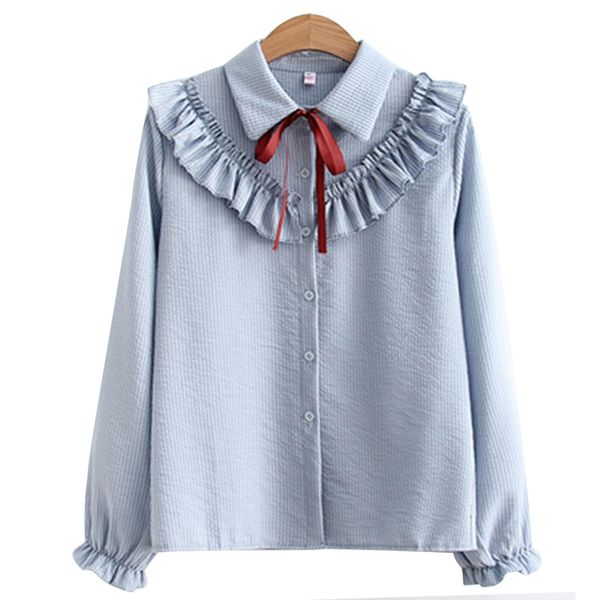 

paris girl ruffles women's shirts striped white blouses with bow flare long sleeve women autumn chiffon blouse 210524