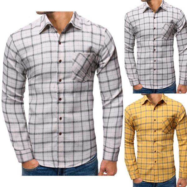 

men's casual shirts lapel autumn shirt simple breasted pockets slim plaid print long sleeve bottoming yellow, White;black