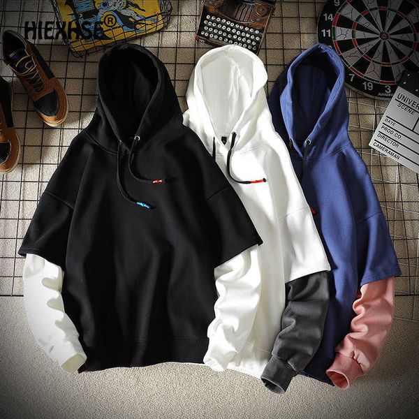 

spring autumn personality men fake two hoodies sweatshirts hip hop hoodies sweatshirts street style thin hoodies sweatshirts 210720, Black