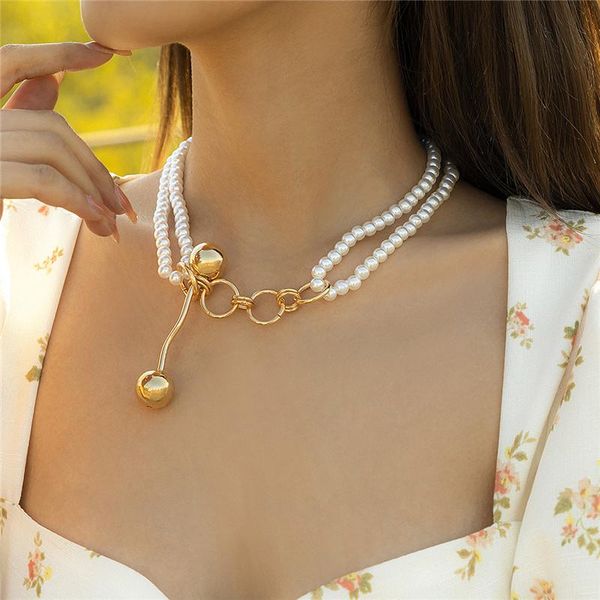 

chains europe and america pastoral beach style imitation pearl ball necklace creativity retro double bead chain female jewelry, Silver
