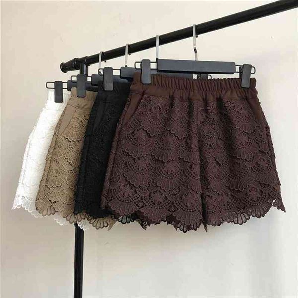

lace spring summer women short high waist elastic wide leg white black lady k584