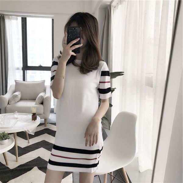 

new tb stripe casual women's knitted short sleeve dress, Black;gray
