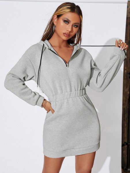 

drop shoulder drawstring quarter zipper thermal hoodie dress r8mm#, White;black