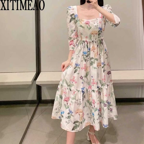 

za women floraprintedthree-quarter sleeve square neck high waist slim long length party dress female holiday 210604, Black;gray