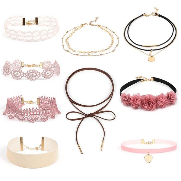 

chokers romantic 9pcs/sets lace necklace pink gold rope link chain velvet strip woman collar jewelry neck accessories gift, Golden;silver