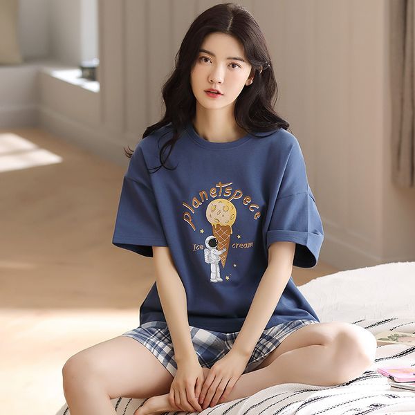 

loose korean cotton pajamas women's summer thin round neck short sleeve shorts youth leisure home wear two set, Black;red
