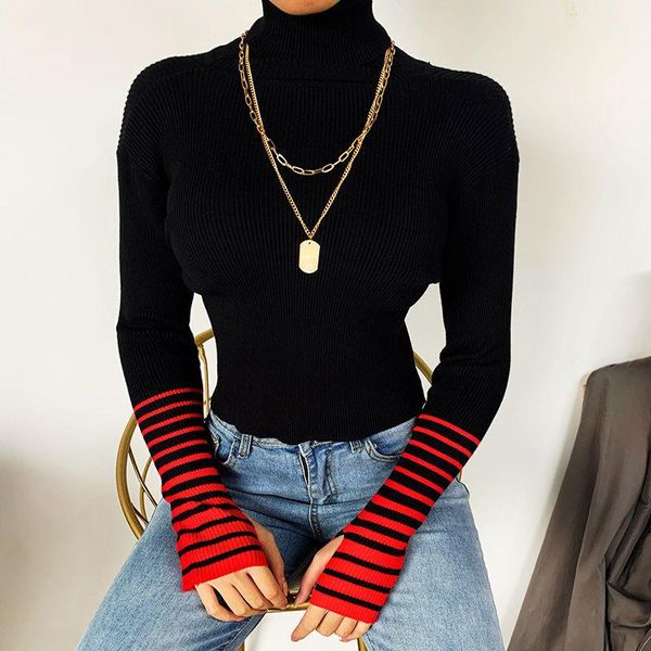 

women's sweaters turtleneck knitted slim casual soft female basic sweater cuff stitching stripe pullovers autumn winter fashion, White;black