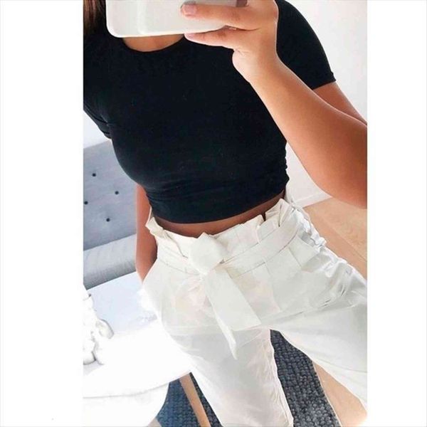 

summer fashion crop solid womens color o neck short sleeve casual tees, White