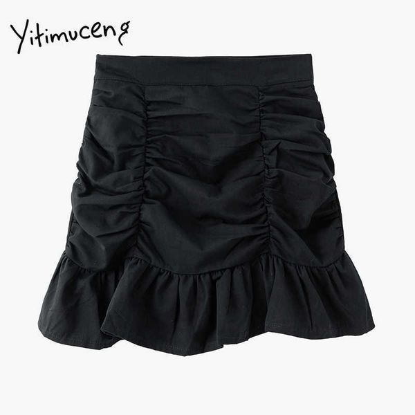 Yitimuceng Unregelmäßige Rock Frauen Falten Mini Slim A-linie Hohe Taille Solid Black Rüschen Sommer Koreanische Mode Röcke 210601