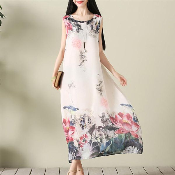 

arrival sleeveless fashion summer dress print floral linen chiffon chinese style vintage women beach casual dresses, Black;gray