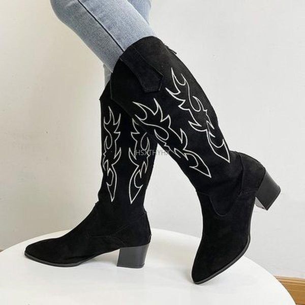 

boots 2021 leather luxury women block high heels long riding winter designer square heel western mid-calf 35-43, Black