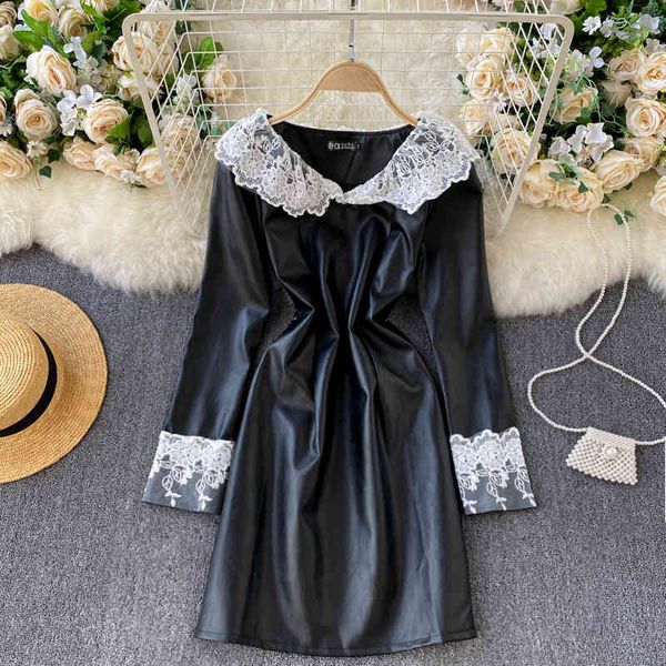 

two piece dress foamlina autumn winter faux leather floral lace patchwork women elegant v-neck long sleeve a-line mini vestido 5b5, White