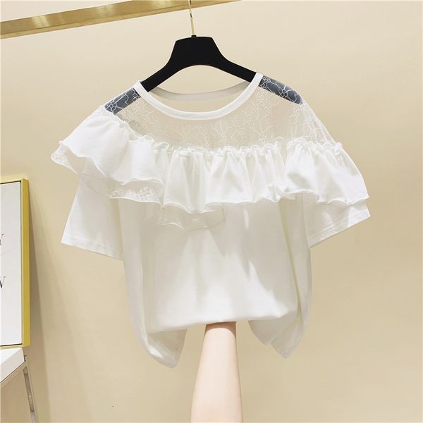

t shirt mesh stitching ruffled short-sleeved female summer tee loose temperament white t-shirt ladies