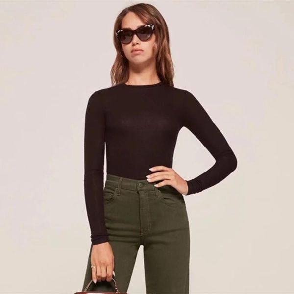 

women's t-shirt simple solid color female women crew neck ribbed long sleeve slim fit crop, White