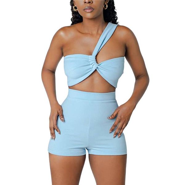 

women's tracksuits two pieces set 2021 summer women off shoulder single strap crop high waist shorts 2pcs outfits matching clothes, Gray