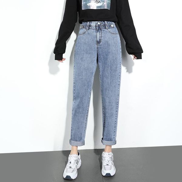 

women's jeans womens adjustable waist circumference harem pants 2021 korean slim straight light blue fashion female