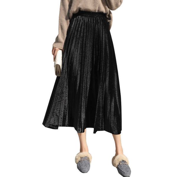 

summer korean pleated skirt women solid color high waist plus size office lady elegant temperament midi skirt feminine 210608, Black