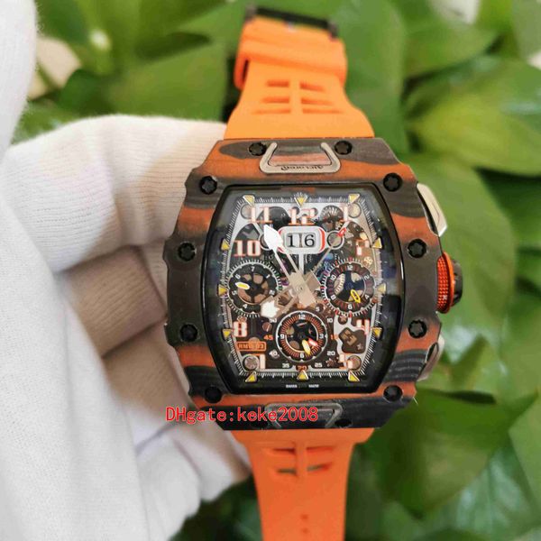 Relógios Top Clássicos 50mm x 44mm R M 11-03 011 McLaren TPT Fibra de Carbono Laranja Alta De Borracha Natural Transparente Mecânica Mãos Automático Homens Assista relógios de pulso