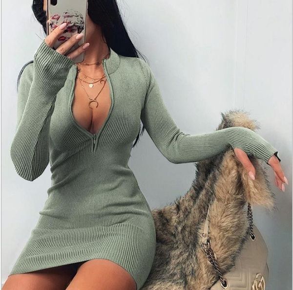 

vestido de mujer autumn / winter women's 2021 long-sleeved dress zipper slim bag hip casual dresses, Black;gray