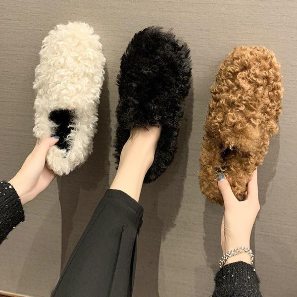 

ladies winter cashmere fluffy plush slides women's indoor warmth thick cotton shoes female peas fashion flat furry slipper slippers, Black