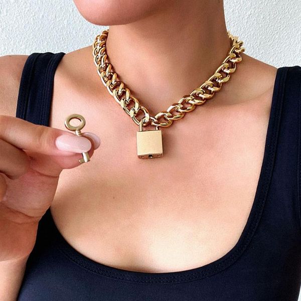 

pendant necklaces vintage chunky thick link chain necklace for women gold color padlock couple pendants on neck fashion jewelry gifts, Silver