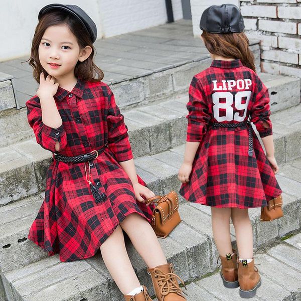

girl's dresses girl dress fashion plaid shirt for girls single-breasted kids party with sashes autumn england clothes, Red;yellow
