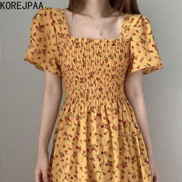 

korejpaa women dress korean summer sweet retro square collar trim ruffled high-waisted horn sleeves broken flower vestido 210526, Black;gray