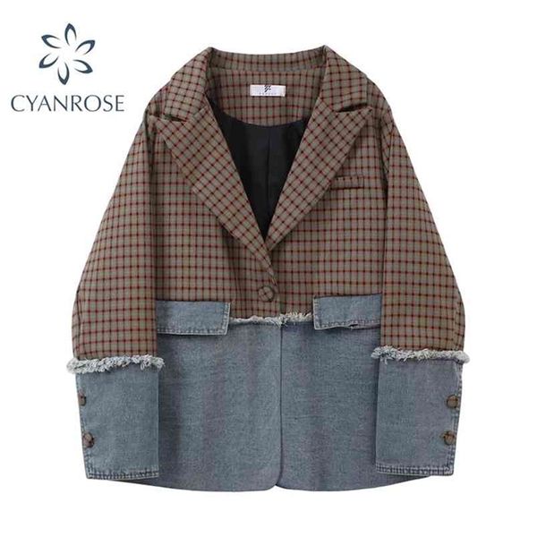 

women's blazers plaid spliced autumn winter korean fashion casual long sleeve loose single breasted suit jacket women 210515, White;black