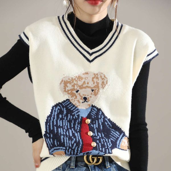 

autumn knitted women's unremarkable temperament, commuting fashion, bear v-neck vest, White